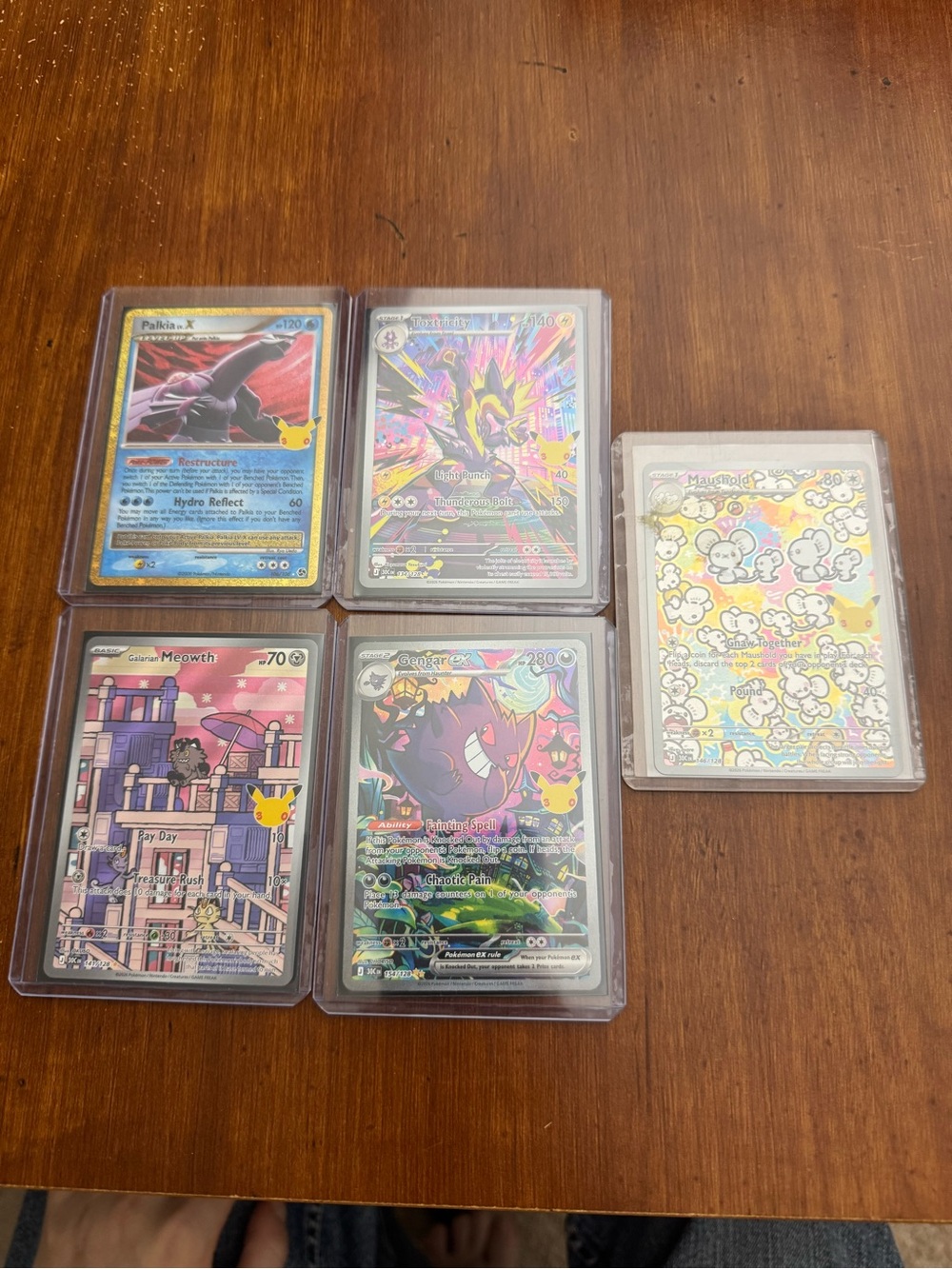 Gengar ex, galarian meowth, maushold, palkia x, toxtricity Pokémon cards
